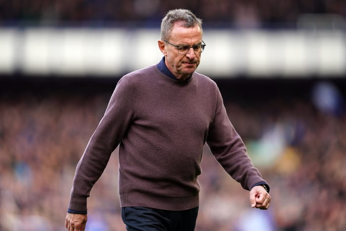 Ralf Rangnick looks frustrated after watching his Manchester United team lose 1-0 at Everton in April 2022